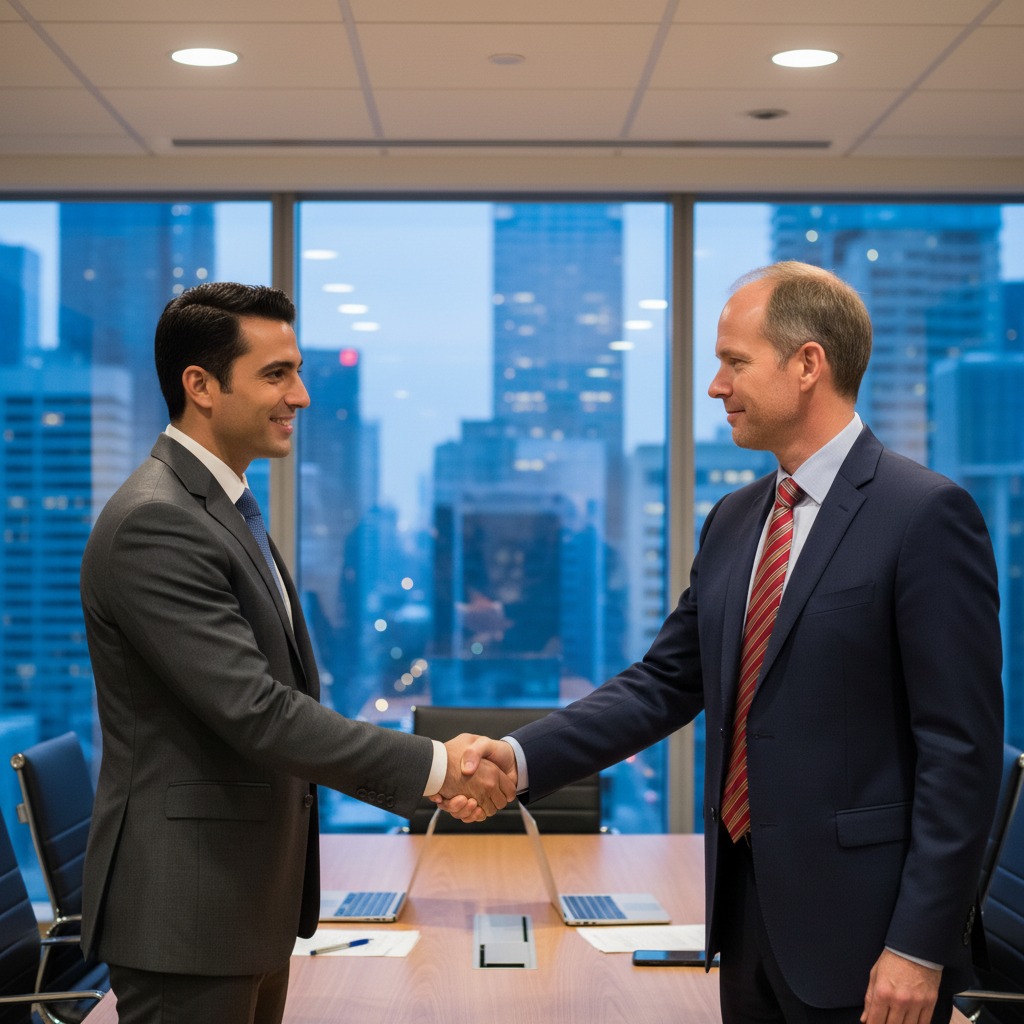 Two businessmen in suits shake hands across a conference table in an office overlooking a city skyline.